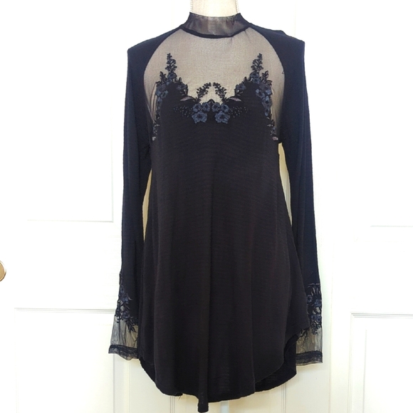 Free People Tops - Free People Saheli Top Blouse Tunic Mesh Embroidery In Black